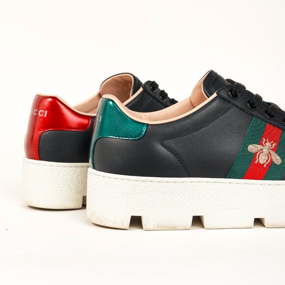 Gucci Ace Web Gold Bee Black Leather White Platform Sneaker - Picture 8 of 11